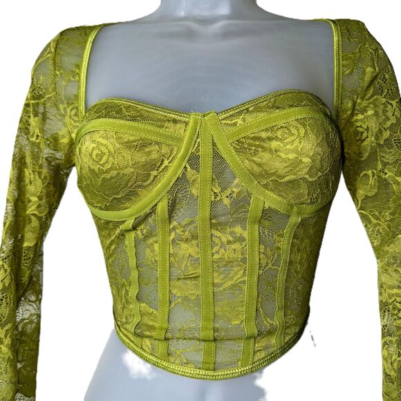 Medium Olive Green Lace Corset‎ Long Sleeve Crop Top Bustier Corset Mesh Panel - Picture 5 of 6